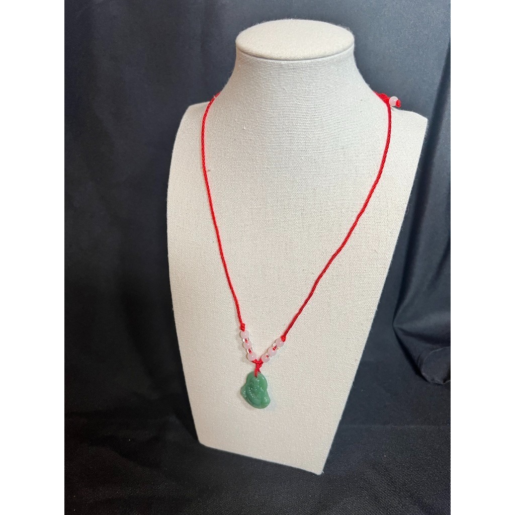 Green Buddha Pendant Necklace Red Cord Meditation Spiritual Jewelry Carved Adjst 30$